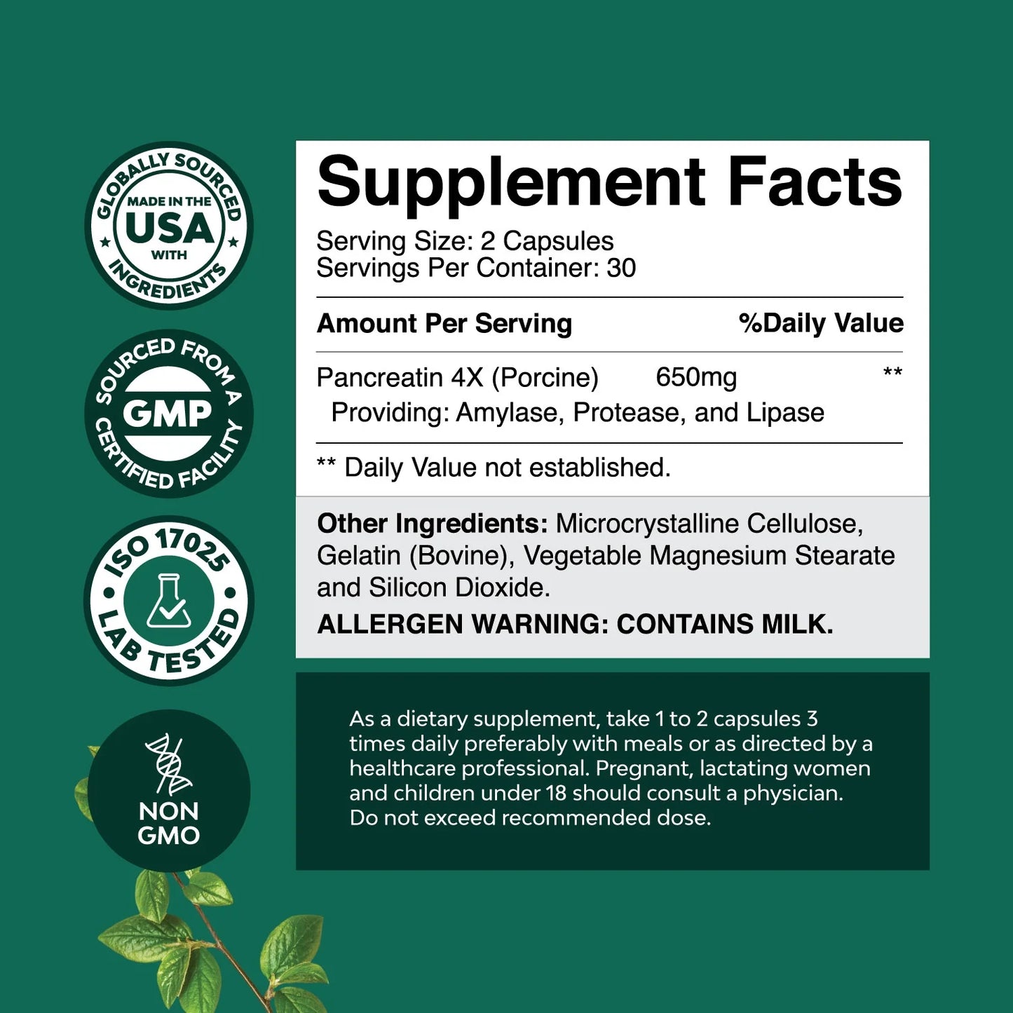 Pancreatin Digestive Enzymes for Digestive Health - Pancreatic Enzymes for Humans with Fat Carb and Protein Digestive Enzymes for Women and Men - Protease Amylase & Lipase Enzymes for Digestion