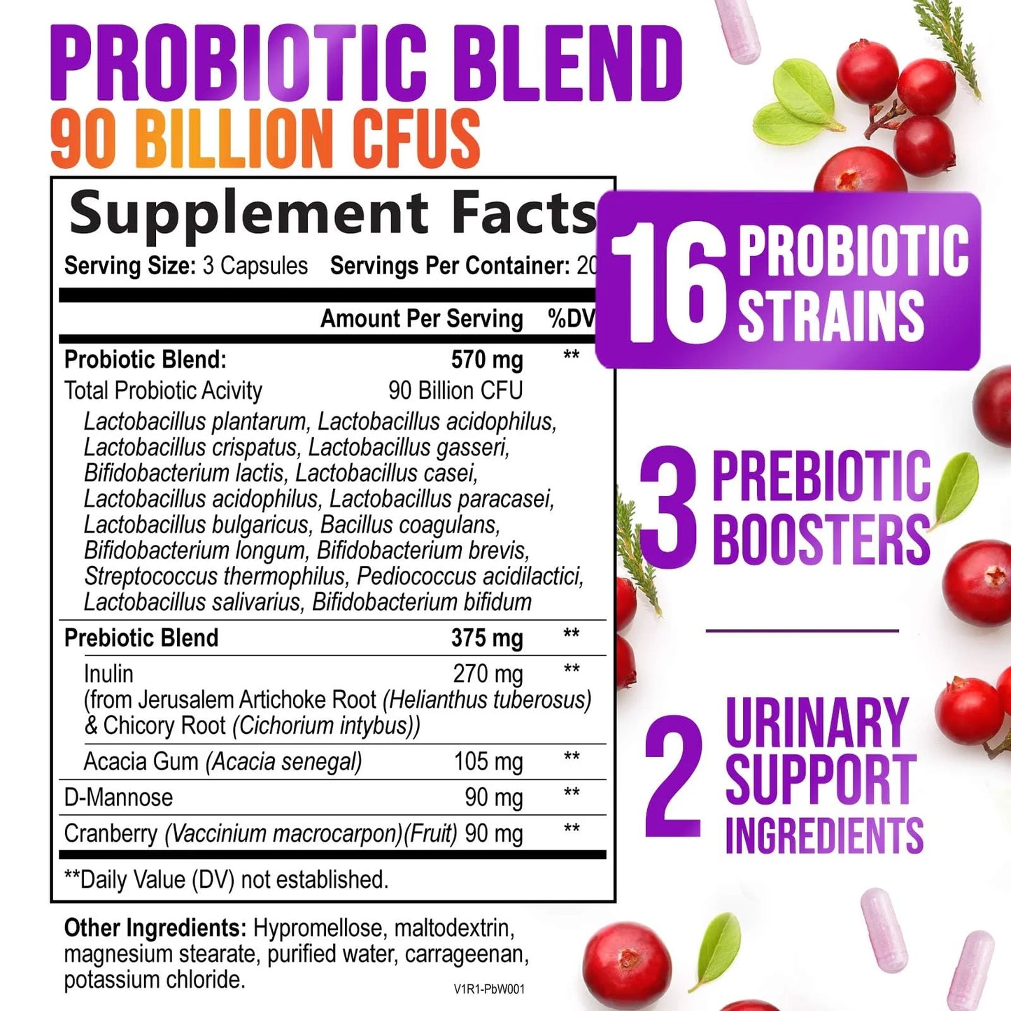 Daily Probiotics for Women - PH Balance, Digestive, UT, & Feminine Health Support, 90 Billion CFU Vaginal Probiotics with Prebiotics, 16 Strains with Cranberry, Pro Biotics for Women, 60 Capsules