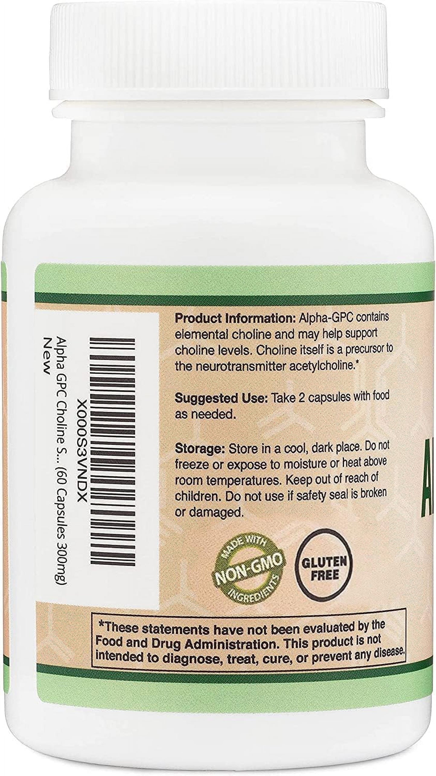 Alpha GPC Choline Supplement, Pharmaceutical Grade, Made in USA (60 Capsules 300Mg)