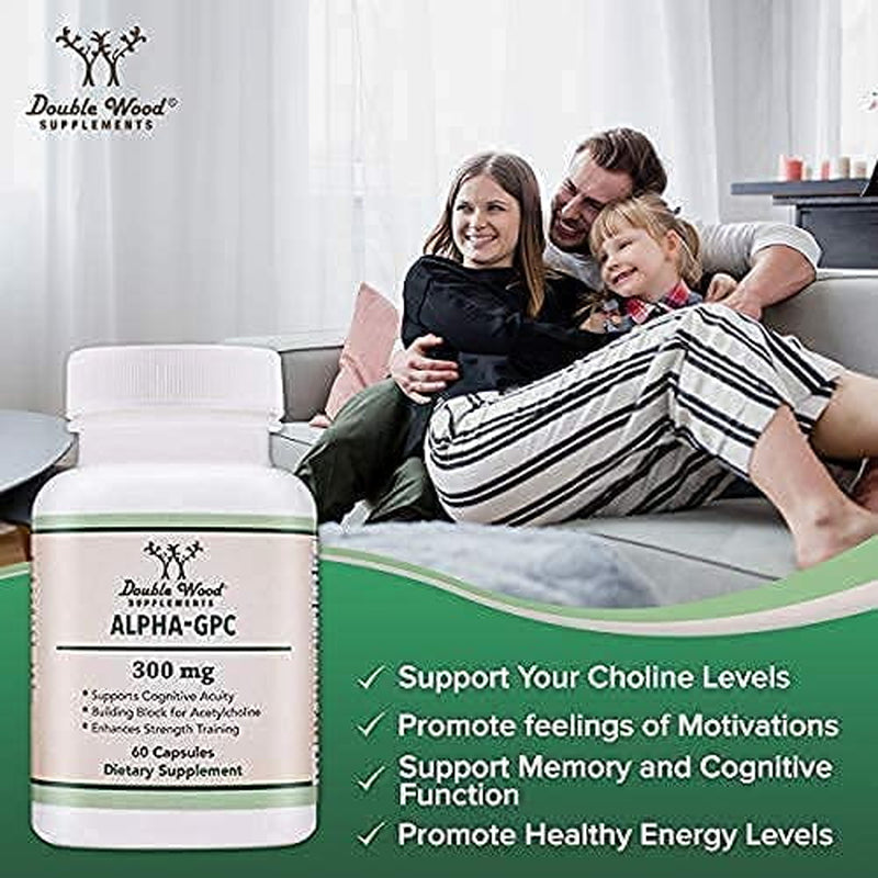 Alpha GPC Choline Supplement, Pharmaceutical Grade, Made in USA (60 Capsules 300Mg)