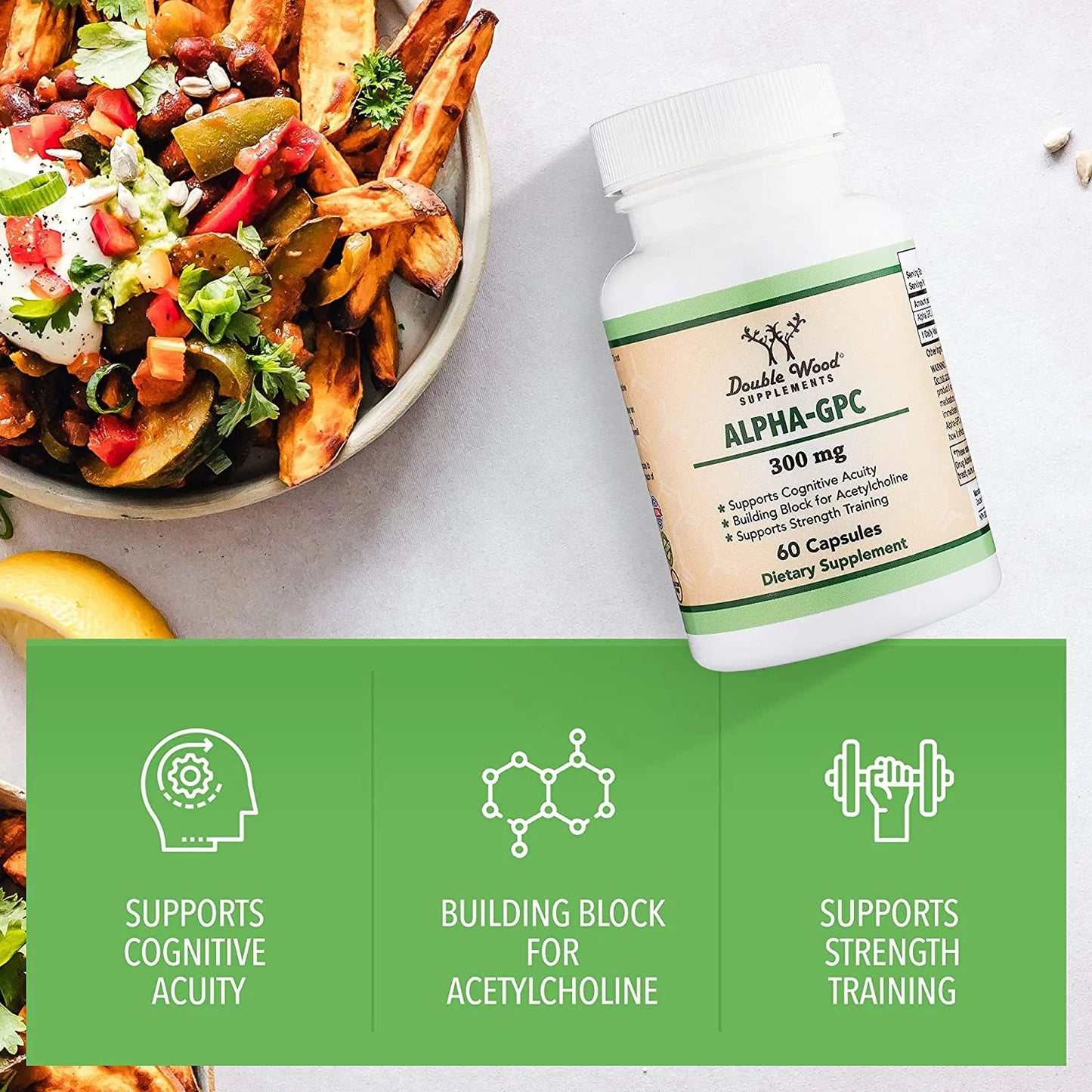 Alpha GPC Choline Supplement, Pharmaceutical Grade, Made in USA (60 Capsules 300Mg)
