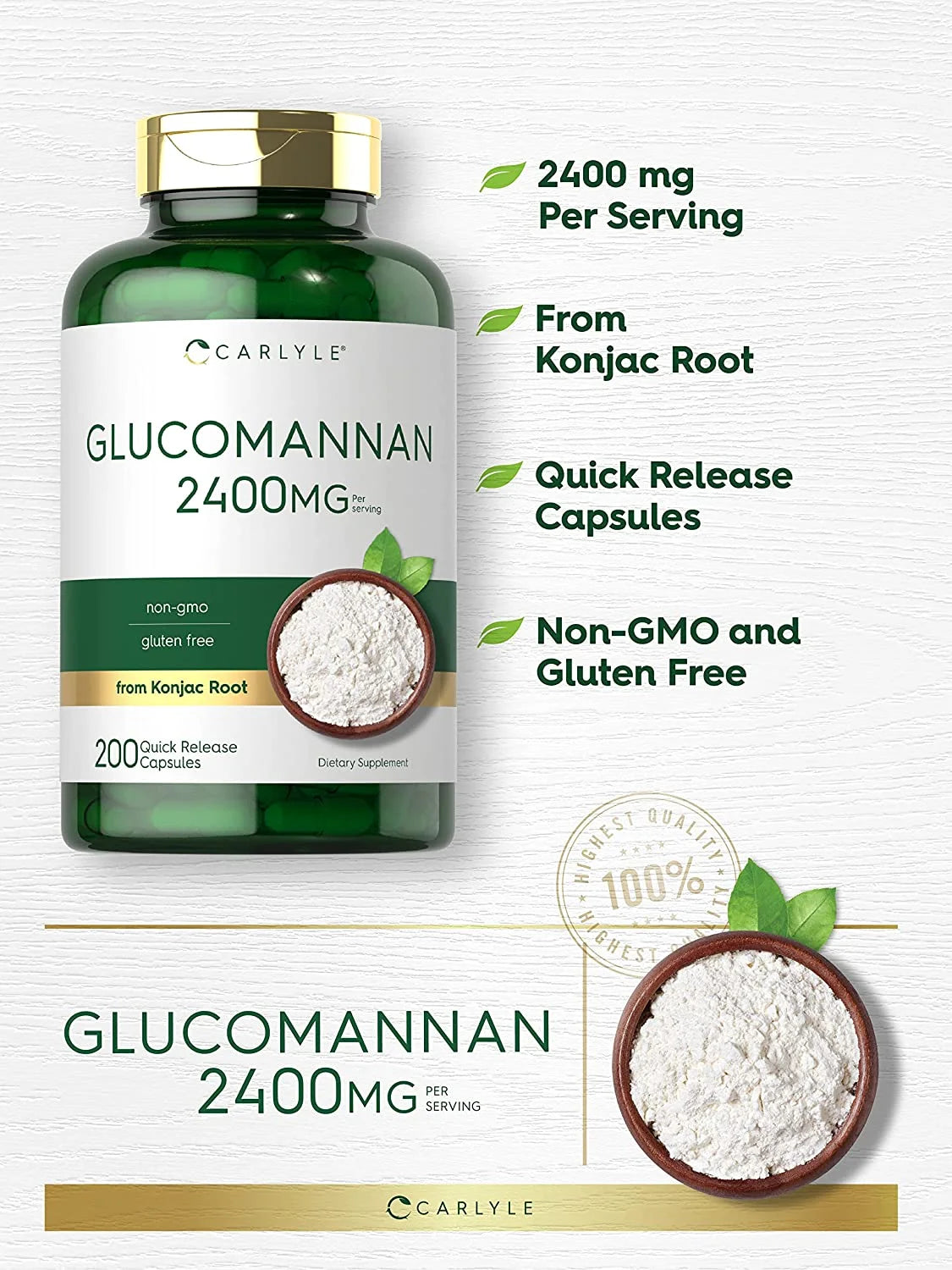 Glucomannan Capsules 2400Mg | 200 Count | Soluble Fiber Pills for Men and Women | by