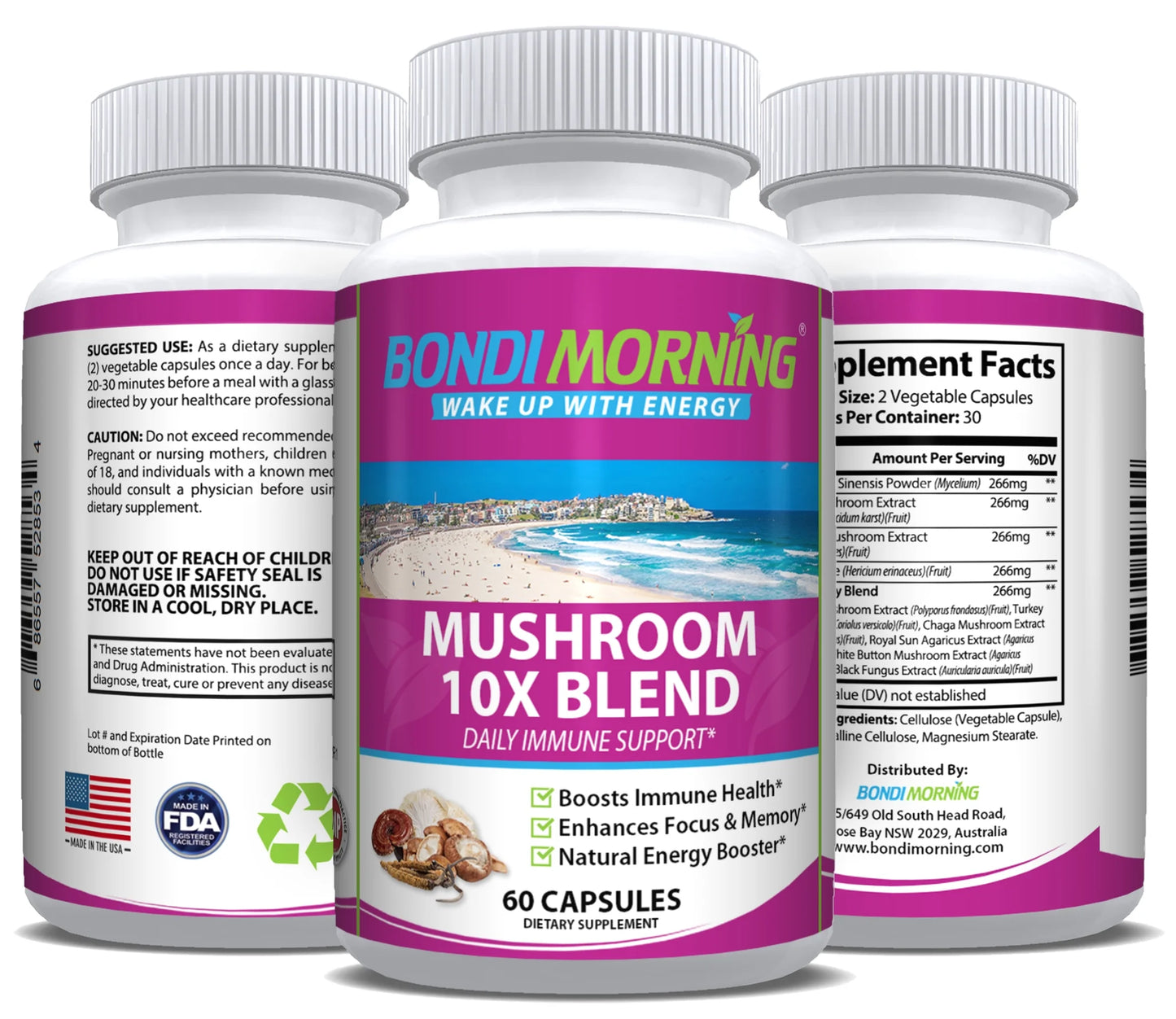 Mushroom 10X Blend - Immune Support Supplement for Brain Health & Natural Energy Boost - 60 Capsules