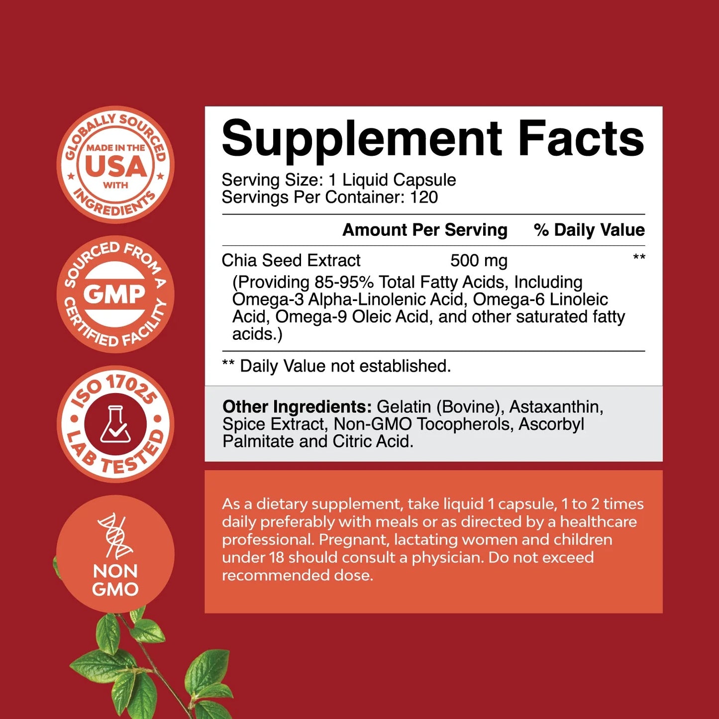 Chia Seed Oil Extract Capsules - Plant Based Omega 3 6 9 Supplement Daily Fiber Capsules for Adults Digestive Support Immunity and Heart Health Omega 3 Fatty Acids Supplement for Men and Women 120