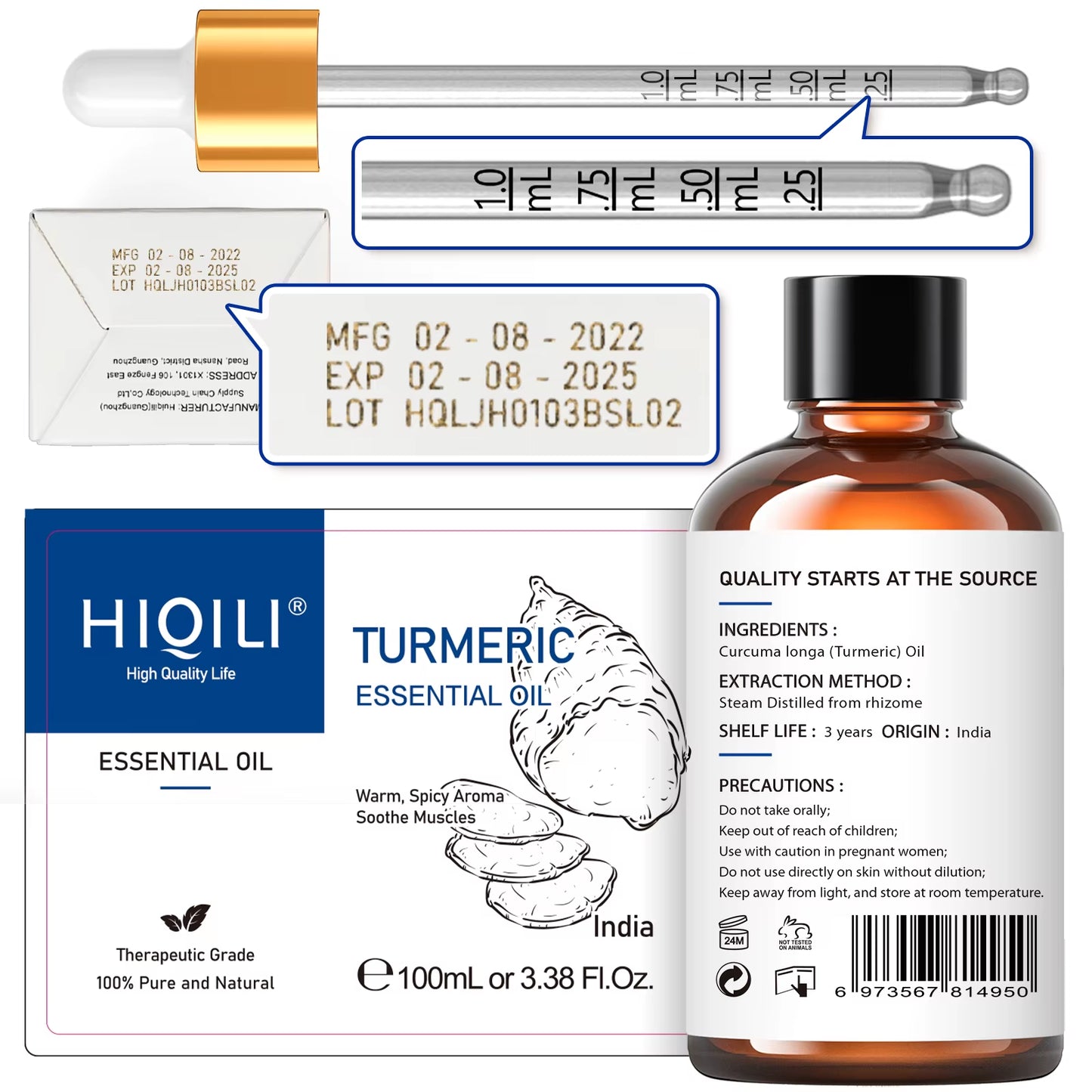 100ML Turmeric Essential Oils, 100% Pure Herbal Plant Oil for Candle, Health Promotion, Diffuser and Humidifier, Relax