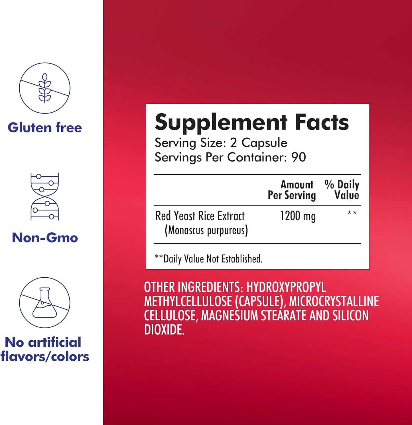 Red Yeast Rice, Dietary Supplement, 1200 Mg per Serving, 180 Capsules, Non-Gmo, Gluten Free, No Artificial Flavors