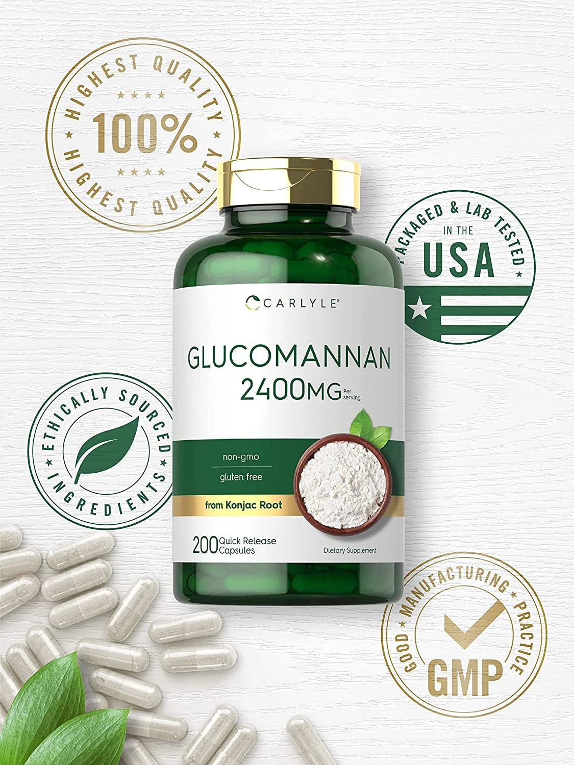 Glucomannan Capsules 2400Mg | 200 Count | Soluble Fiber Pills for Men and Women | by