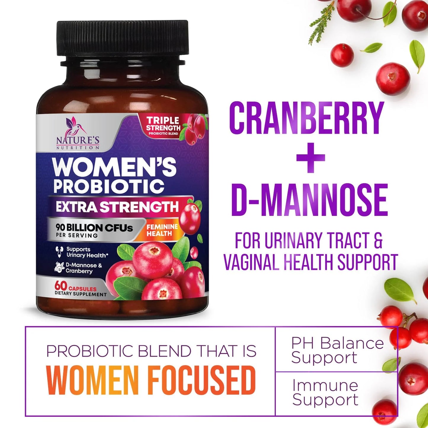Daily Probiotics for Women - PH Balance, Digestive, UT, & Feminine Health Support, 90 Billion CFU Vaginal Probiotics with Prebiotics, 16 Strains with Cranberry, Pro Biotics for Women, 60 Capsules