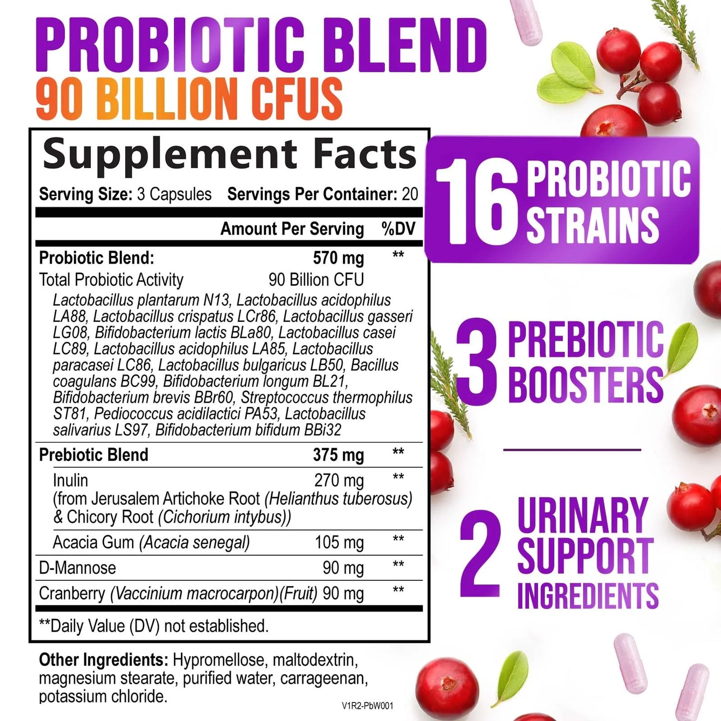 Daily Probiotics for Women - PH Balance, Digestive, UT, & Feminine Health Support, 90 Billion CFU Vaginal Probiotics with Prebiotics, 16 Strains with Cranberry, Pro Biotics for Women, 60 Capsules