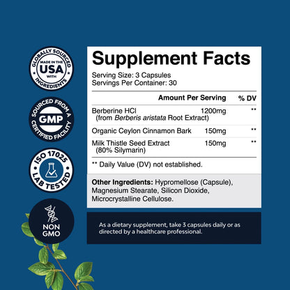 Balancing Berberine plus 1200Mg Complex per Serving - Antioxidant Berberine with Ceylon Cinnamon plus Silymarin Milk Thistle Extract - Active PK for Heart Health and Sugar Support 90 Veggie Capsules