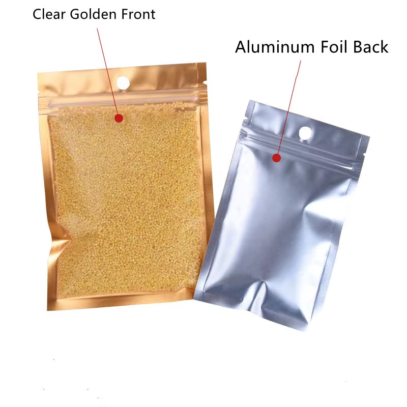100Pcs Gold Mylar Zip Lock Bags Aluminum Foil Bags Durable Metallic Foil Mylar Flat Zipper Bag for Candy and Food Packaging