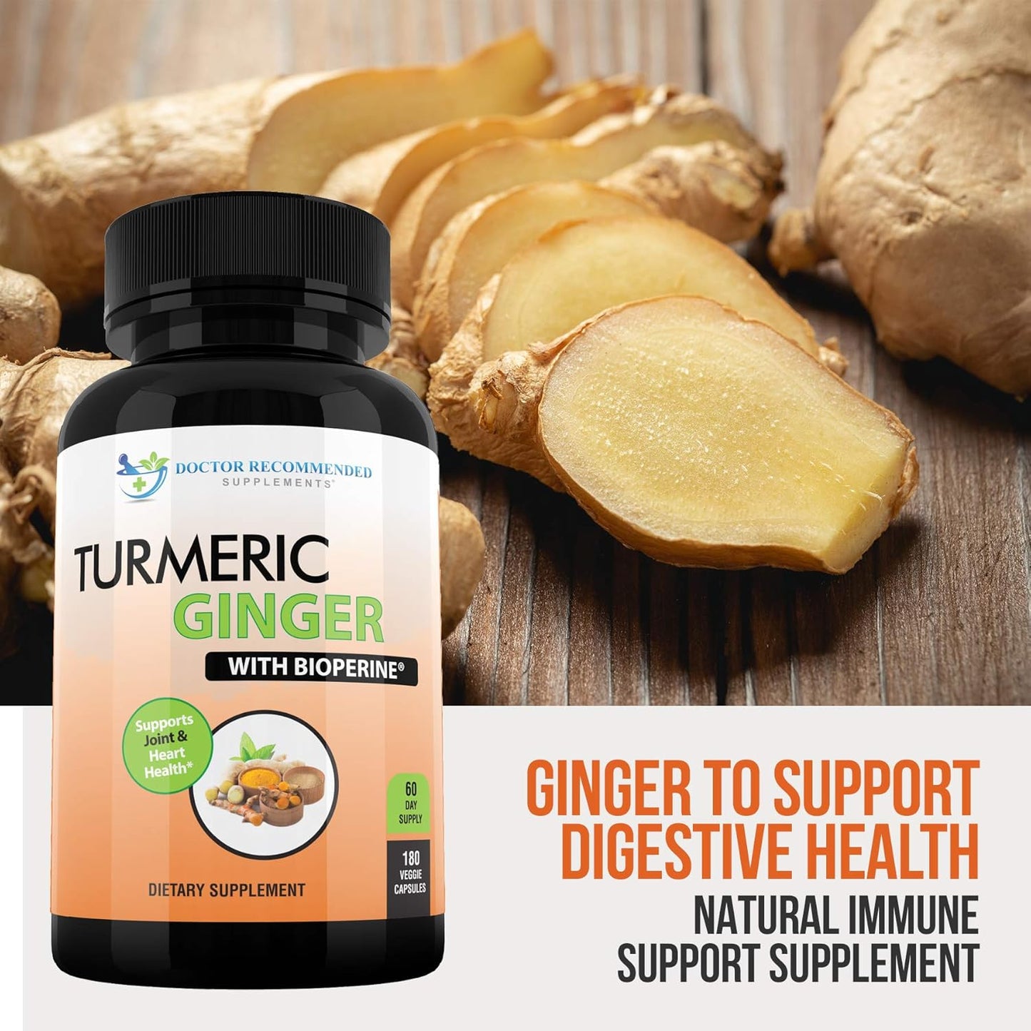 Turmeric Curcumin with Ginger, 95% Curcuminoids with Bioperine - 180 Veggie Capsules - Made in USA