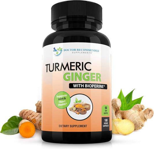 Turmeric Curcumin with Ginger, 95% Curcuminoids with Bioperine - 180 Veggie Capsules - Made in USA