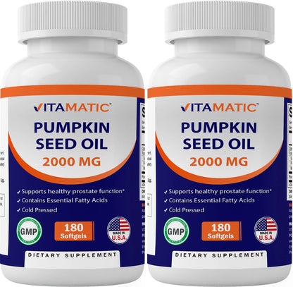2 Pack -  Pumpkin Seed Oil 2000Mg Softgel Capsules per Serving - 180 Softgels - (1000 Mg per Softgels) (Total 360 Softgels)