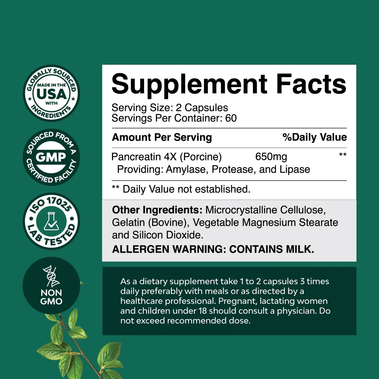 Pancreatin Digestive Enzymes for Digestive Health - Pancreatic Enzymes for Humans with Fat Carb and Protein Digestive Enzymes for Women and Men - Protease Amylase & Lipase Enzymes for Digestion