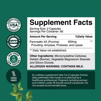 Pancreatin Digestive Enzymes for Digestive Health - Pancreatic Enzymes for Humans with Fat Carb and Protein Digestive Enzymes for Women and Men - Protease Amylase & Lipase Enzymes for Digestion