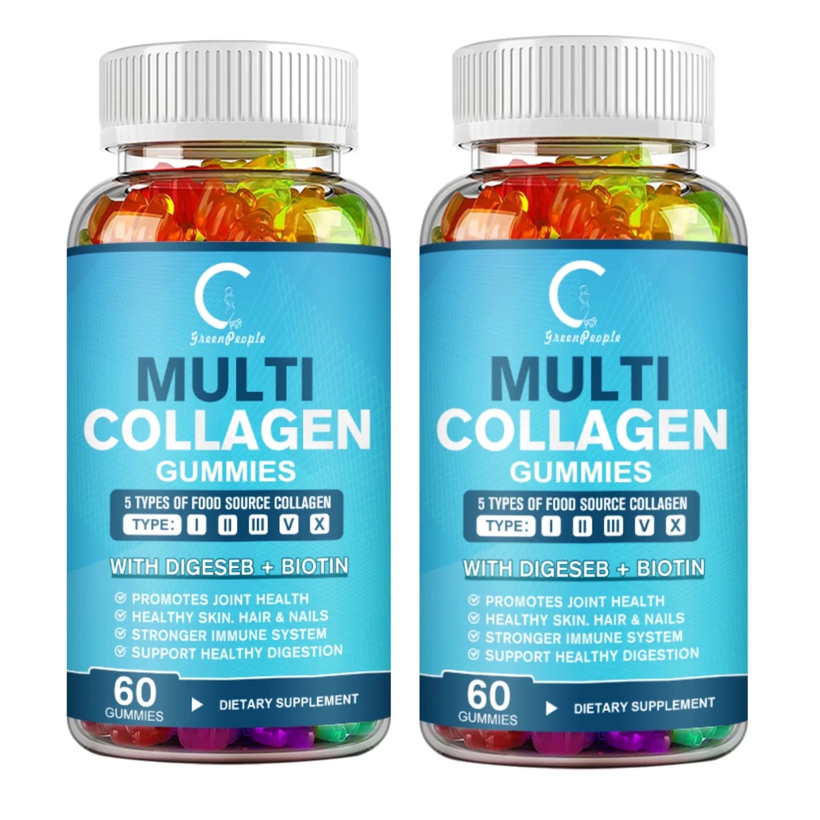 2 PACK Multi Collagen Gummies | 5 Types of Food Source Collagen Supplements - Promotes Healthy Hair, Skin, Nail | 120 Gummies