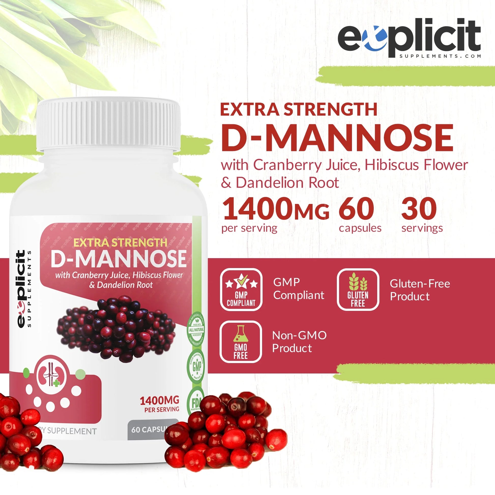 D-Mannose Capsules - Urinary Tract Cleanse & UTI Support - Fast Acting Digestive Cleanser - 1000Mg per Serving -  - 60 Capsules