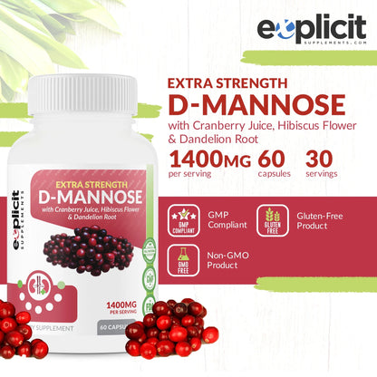 D-Mannose Capsules - Urinary Tract Cleanse & UTI Support - Fast Acting Digestive Cleanser - 1000Mg per Serving -  - 60 Capsules
