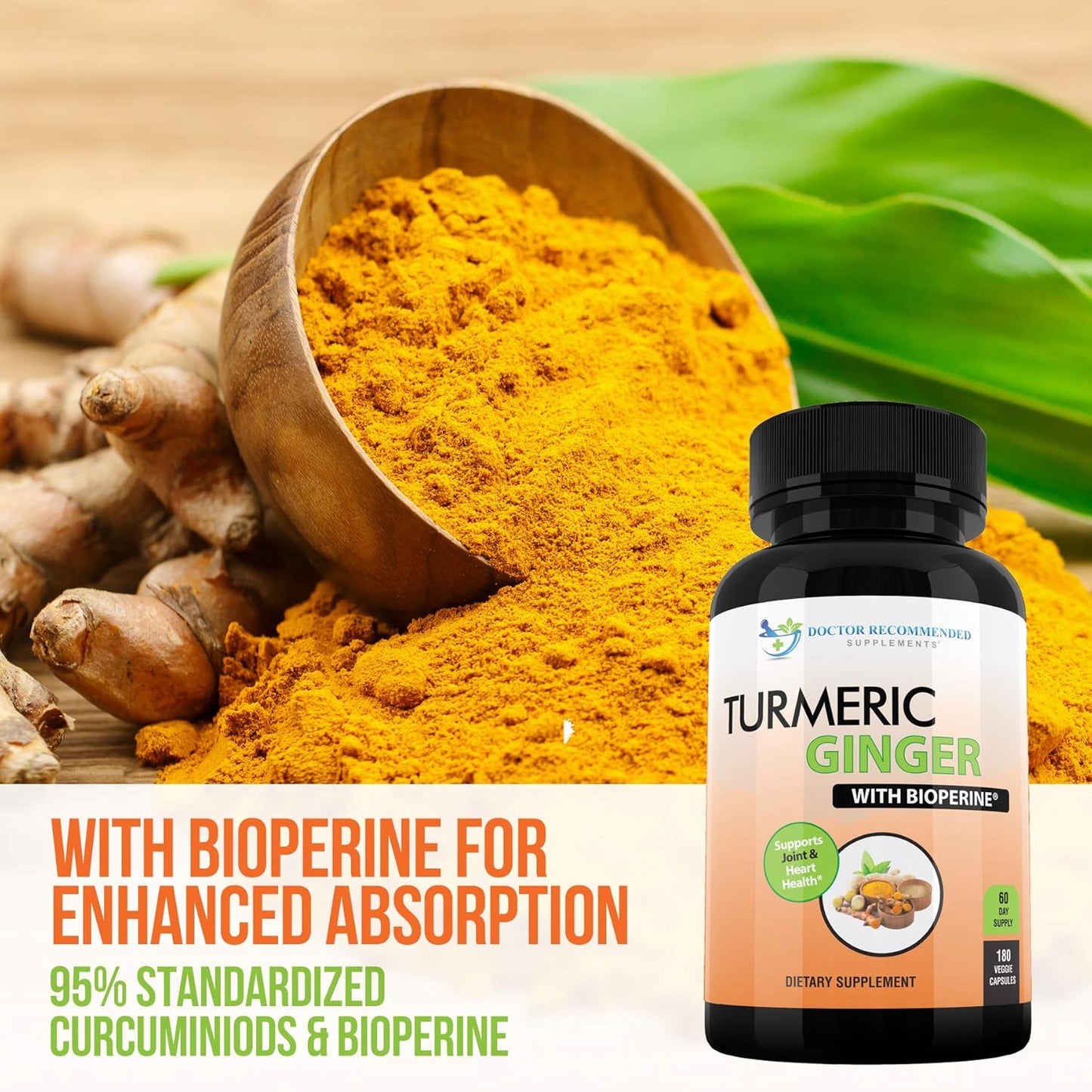 Turmeric Curcumin with Ginger, 95% Curcuminoids with Bioperine - 180 Veggie Capsules - Made in USA