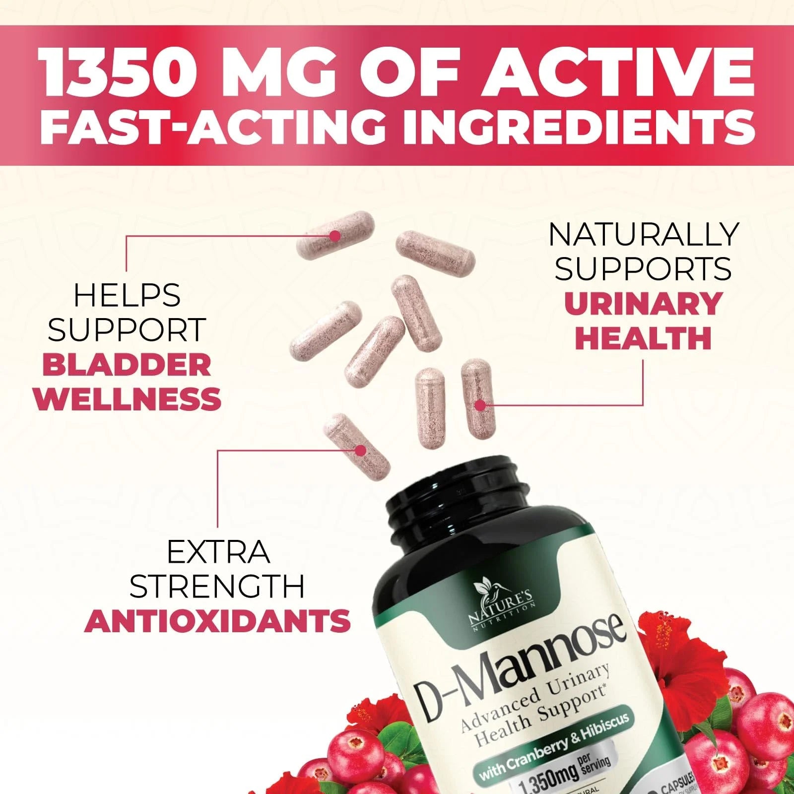 Dmannose Pills with Cranberry 1350Mg Advanced Formula - Effective Natural Bladder, Urinary Tract Health Support, Flush Impurities - D Mannose Supplements for Women & Men, Non-Gmo, Vegan - 120 Capsules
