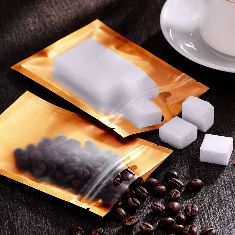 100Pcs Gold Mylar Zip Lock Bags Aluminum Foil Bags Durable Metallic Foil Mylar Flat Zipper Bag for Candy and Food Packaging
