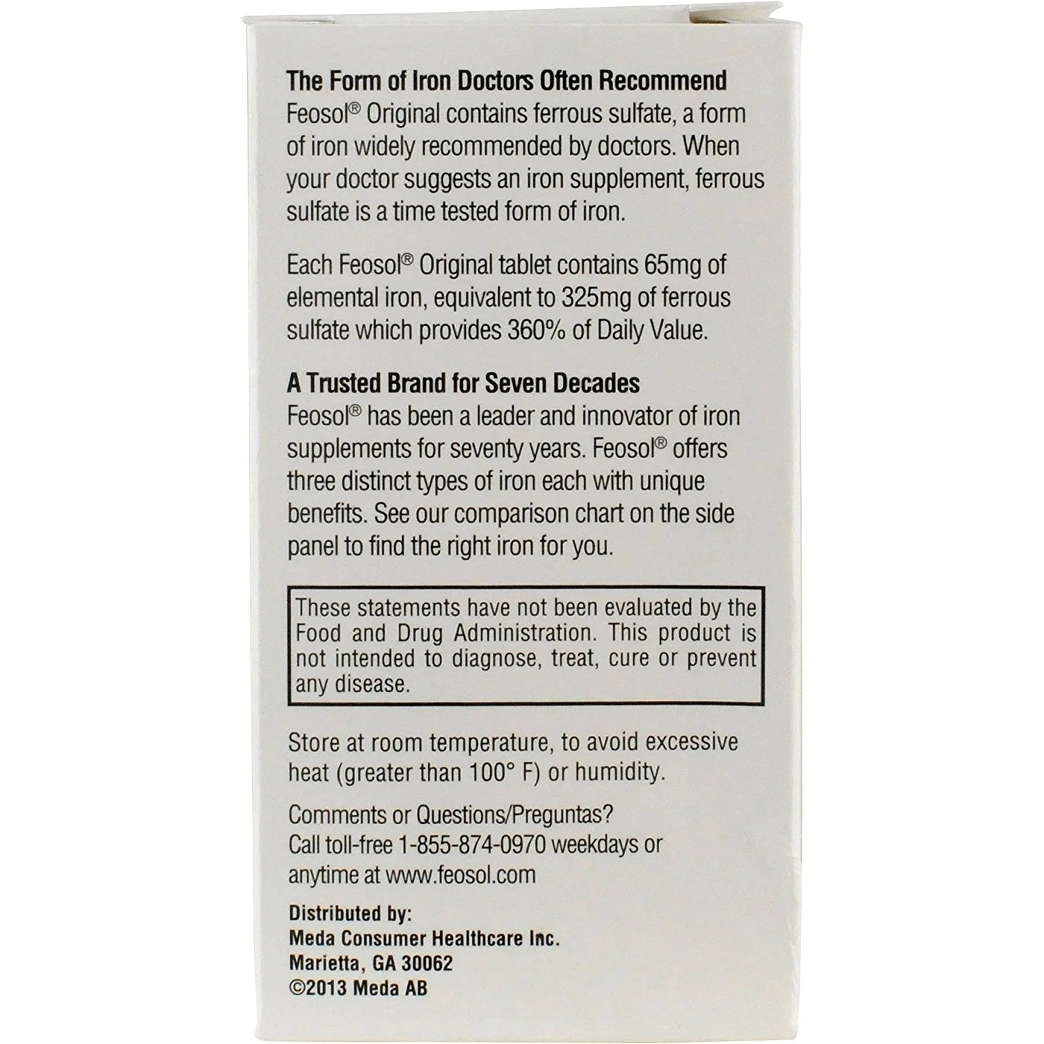 Original Ferrous Sulfate Iron, 120 Count, High Potency Iron Supplement, White