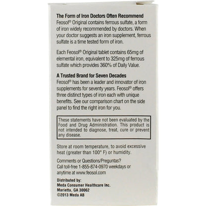 Original Ferrous Sulfate Iron, 120 Count, High Potency Iron Supplement, White