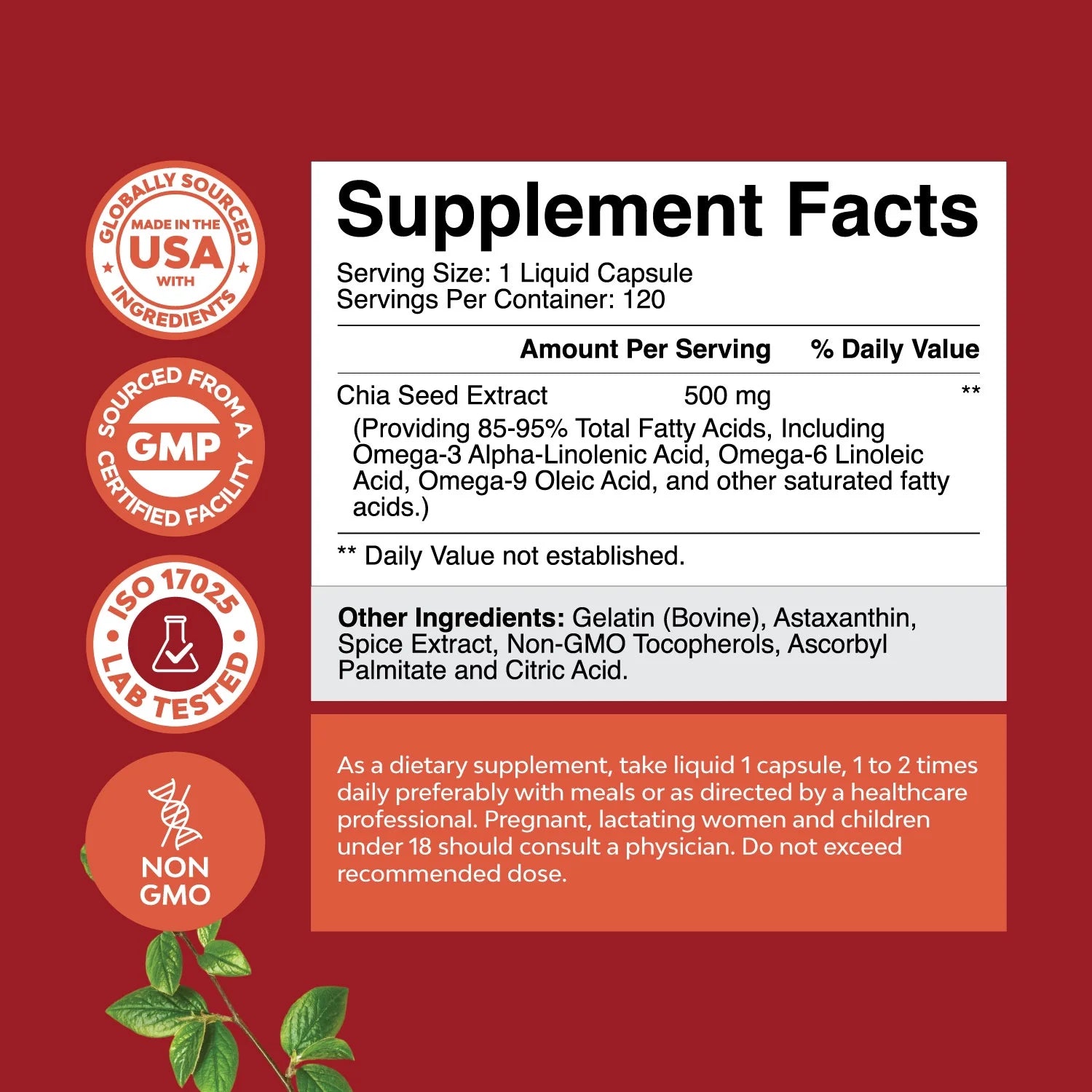 Chia Seed Oil Extract Capsules - Plant Based Omega 3 6 9 Supplement Daily Fiber Capsules for Adults Digestive Support Immunity and Heart Health Omega 3 Fatty Acids Supplement for Men and Women 120