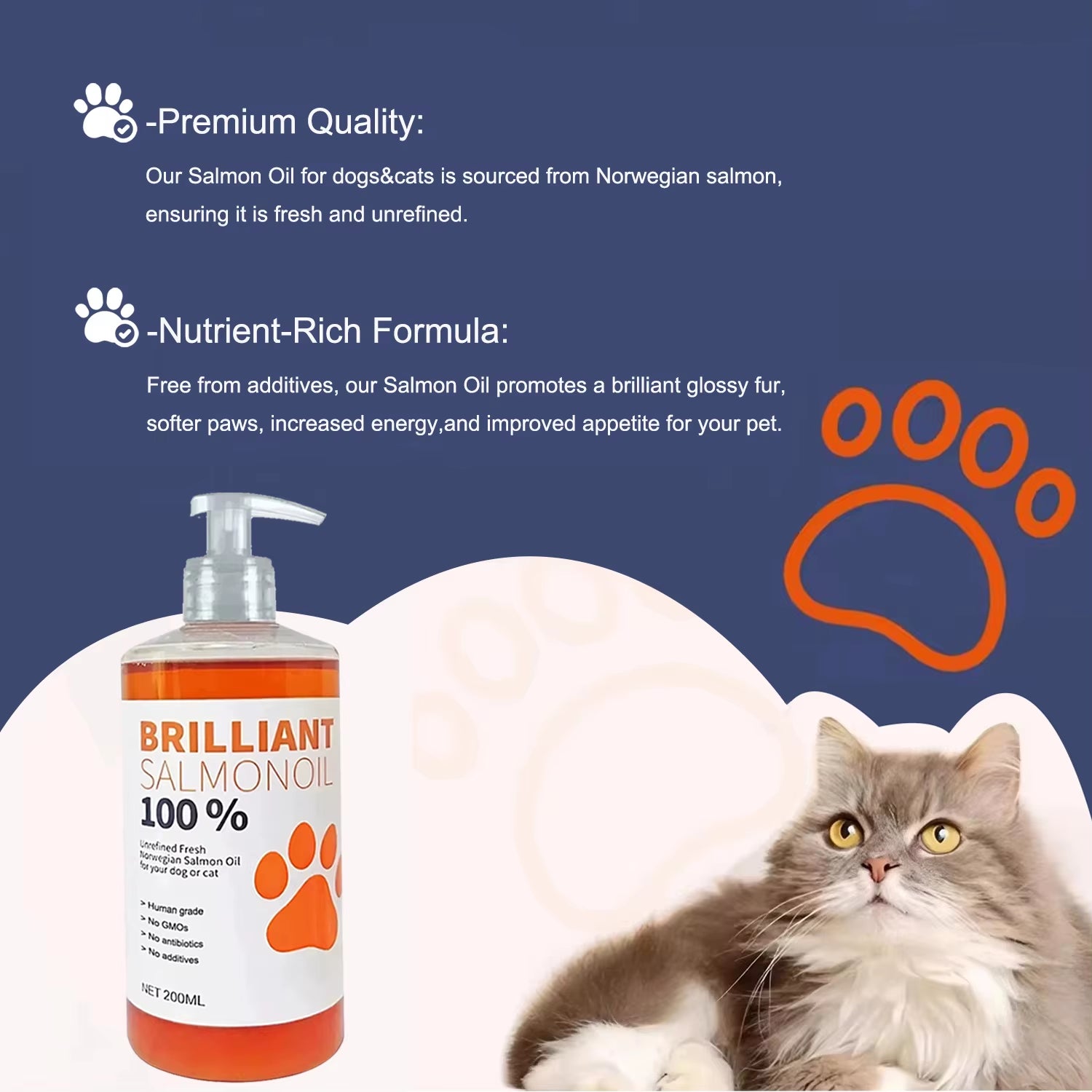 8 Fl Oz 200ML PET SALMON OIL Natural No Chemical Treatment 21 Omega Fatty Acids Nutritional Supplements for Dogs and Cats