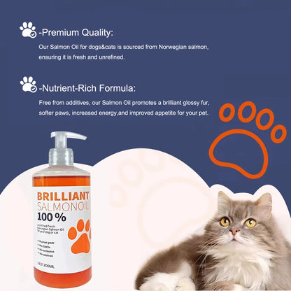8 Fl Oz 200ML PET SALMON OIL Natural No Chemical Treatment 21 Omega Fatty Acids Nutritional Supplements for Dogs and Cats
