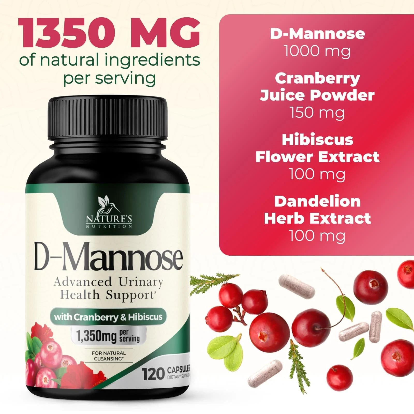 Dmannose Pills with Cranberry 1350Mg Advanced Formula - Effective Natural Bladder, Urinary Tract Health Support, Flush Impurities - D Mannose Supplements for Women & Men, Non-Gmo, Vegan - 120 Capsules