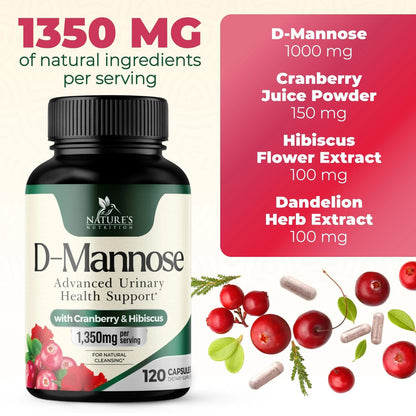 Dmannose Pills with Cranberry 1350Mg Advanced Formula - Effective Natural Bladder, Urinary Tract Health Support, Flush Impurities - D Mannose Supplements for Women & Men, Non-Gmo, Vegan - 120 Capsules