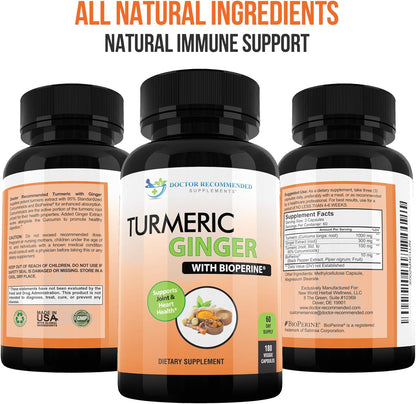 Turmeric Curcumin with Ginger, 95% Curcuminoids with Bioperine - 180 Veggie Capsules - Made in USA