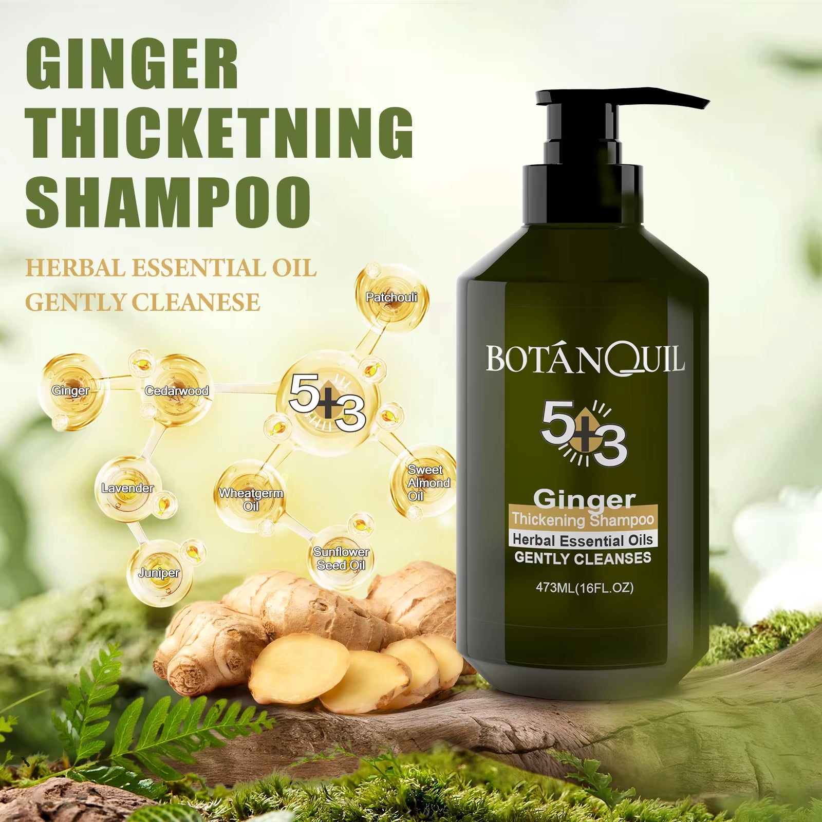 473Ml Thickening Shampoo with Herbal Essential Oil Ginger Scent for Hair Care No Silicone Oil Gentle