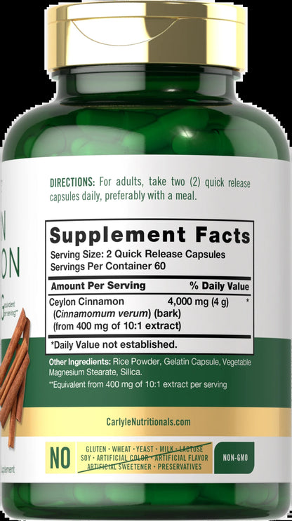 Ceylon Cinnamon Capsules | 4000Mg | 120 Count | Non-Gmo and Gluten Free | by