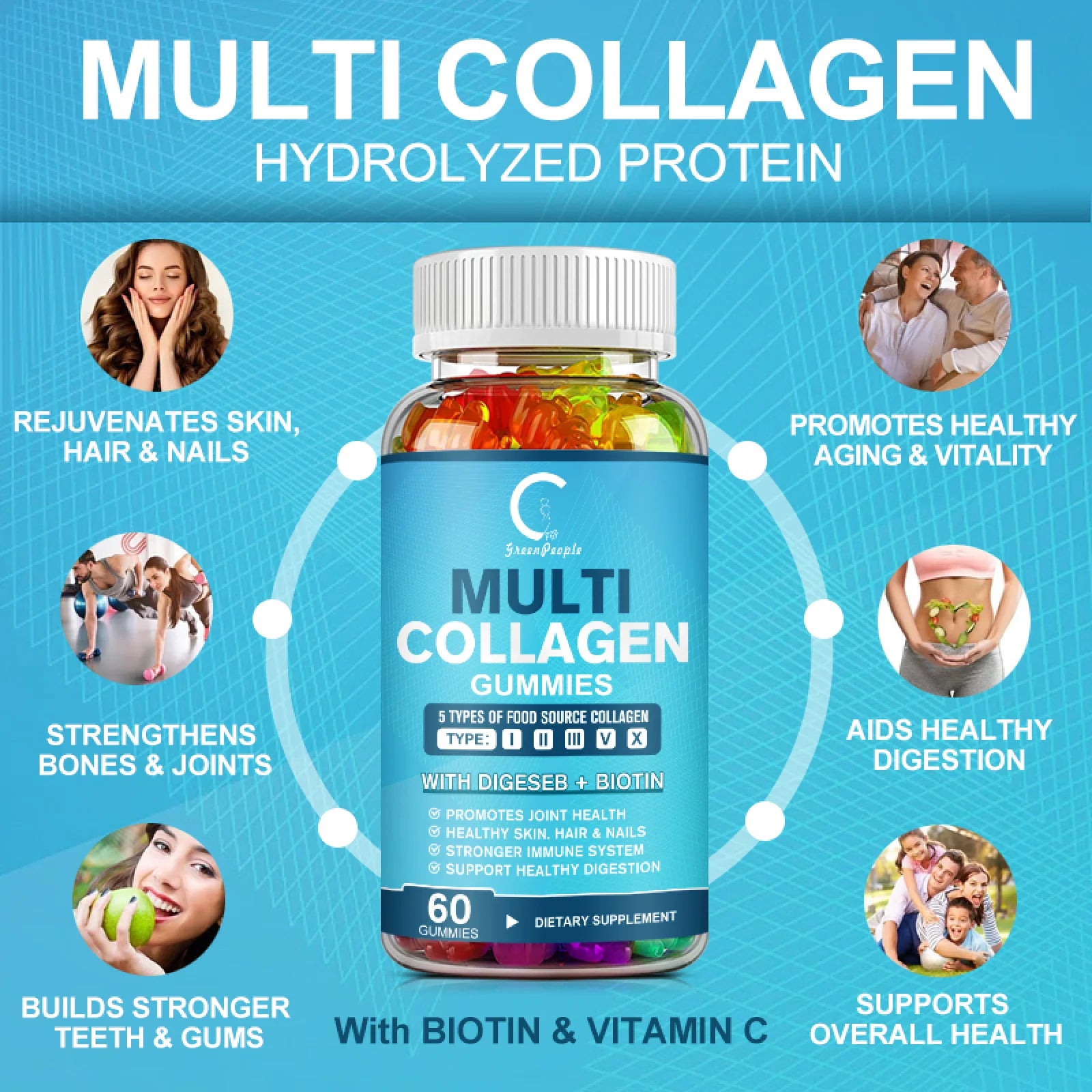 2 PACK Multi Collagen Gummies | 5 Types of Food Source Collagen Supplements - Promotes Healthy Hair, Skin, Nail | 120 Gummies