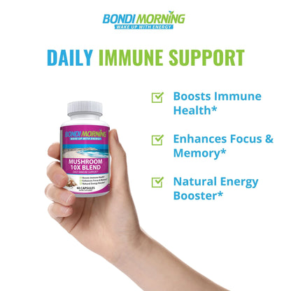 Mushroom 10X Blend - Immune Support Supplement for Brain Health & Natural Energy Boost - 60 Capsules