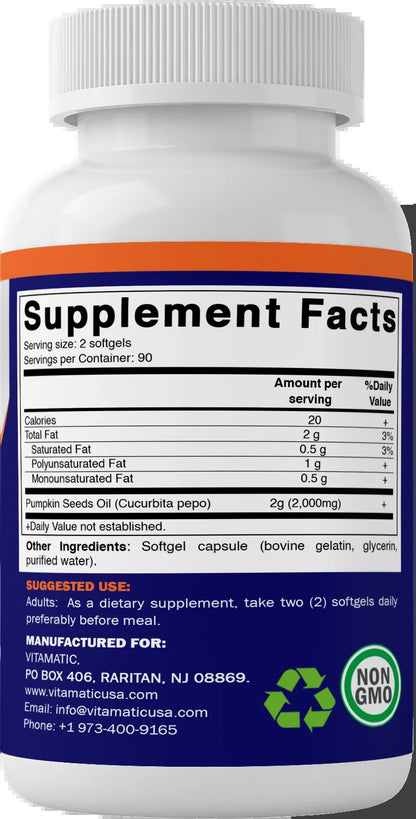 2 Pack -  Pumpkin Seed Oil 2000Mg Softgel Capsules per Serving - 180 Softgels - (1000 Mg per Softgels) (Total 360 Softgels)