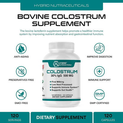 Bovine Colostrum Supplement 500Mg - 30% Igg Lactoferrin Supplements, Immunoglobulin, Immune Support, Bone, Muscle & Gut Health (2-Pack)
