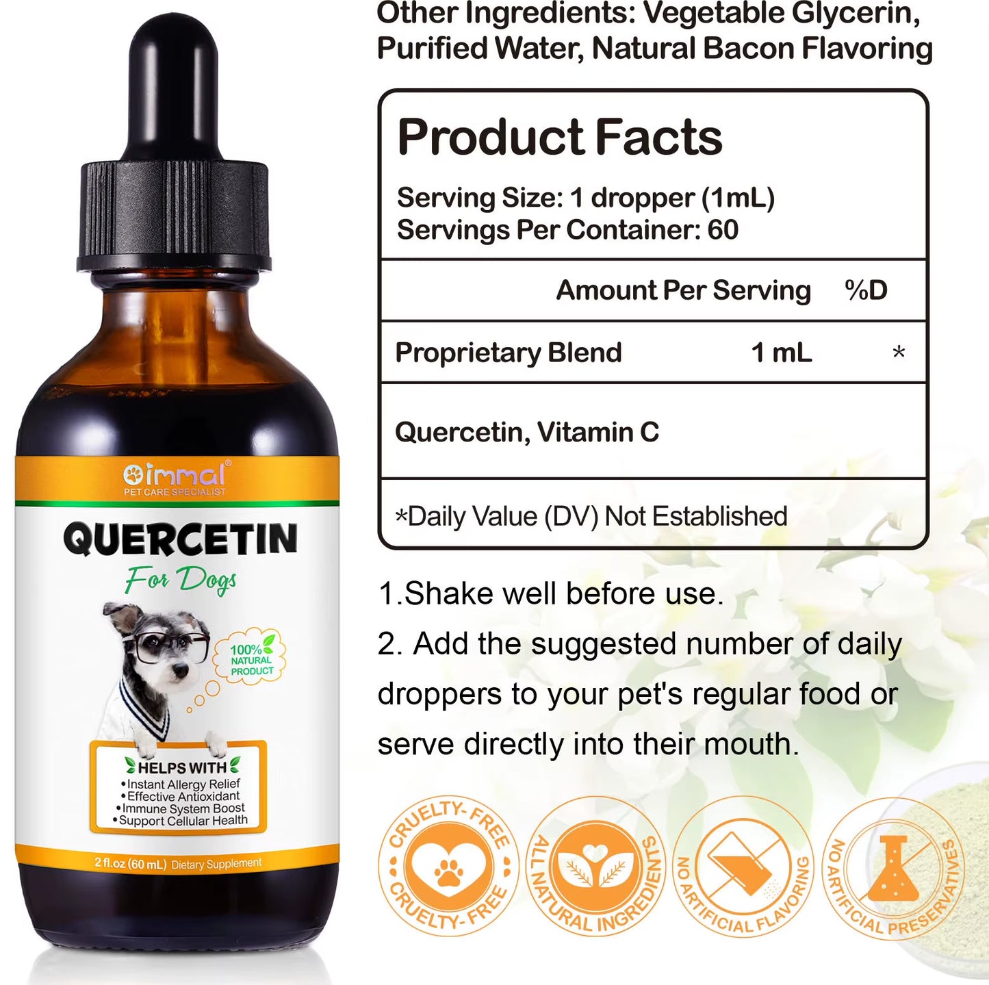 Quercetin for Dogs Help with Instant Allergy Relief Effect Antioxidant Immune System Boost Support Cellular Health Bacon Flavor