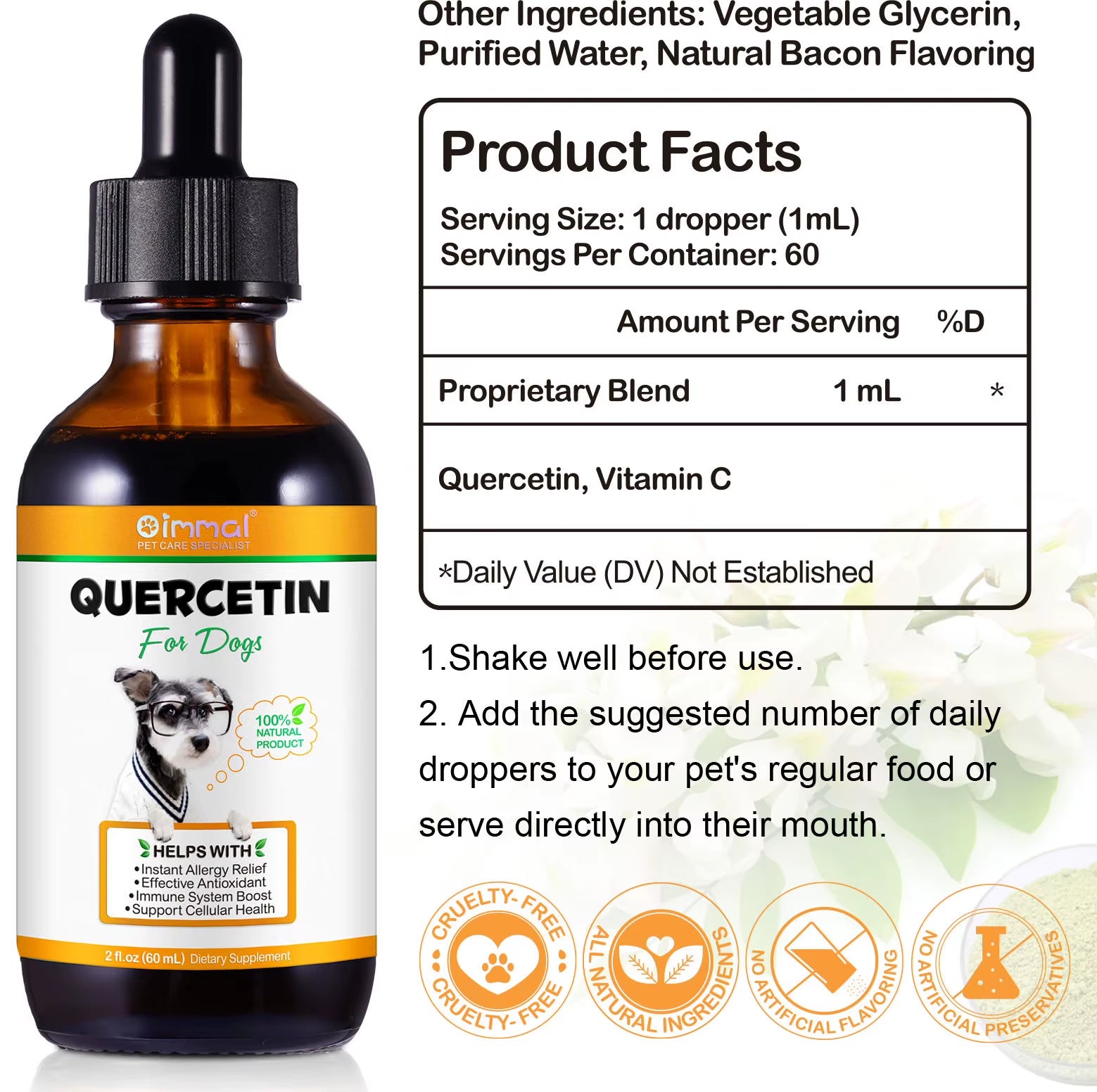 Quercetin for Dogs Help with Instant Allergy Relief Effect Antioxidant Immune System Boost Support Cellular Health Bacon Flavor