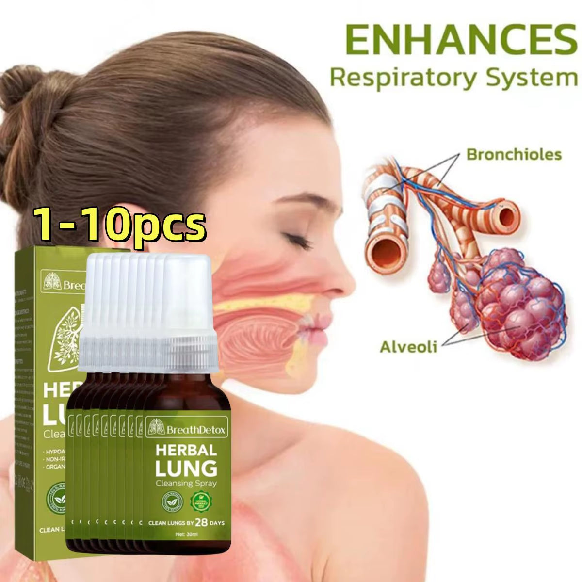 1-10Pcs Herbal Lung Cleansing Spray Smokers Clear Nasal Mist anti Snoring Congestion Relieves Clear Dry Throat Breath Spray