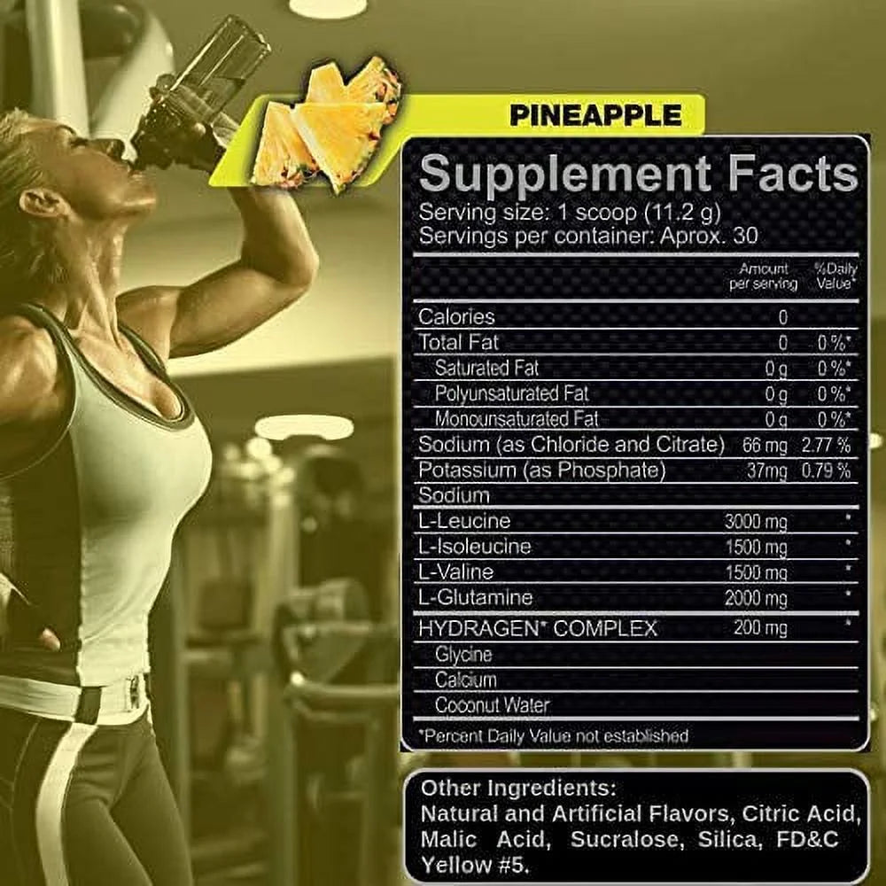 Bcaa Powder + Glutamine - Bcaa Amino Acids with Electrolytes Keto Friendly and Essential Amino Acids Supplements | Post Workout Recovery Drink (PINEAPPLE)