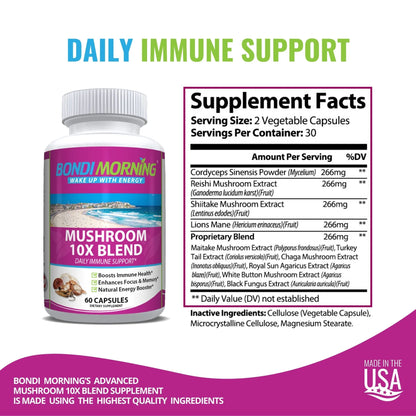 Mushroom 10X Blend - Immune Support Supplement for Brain Health & Natural Energy Boost - 60 Capsules